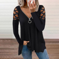 Womens Fashion Long Sleeve Hollow Out V-Neck Zipper Shirts Autumn Winter Loose Solid Color Tops Plus Size