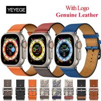 Logo 100 Kulit Asli Tali Gelang Lingkaran untuk Apple Watch Seri 8 7 41Mm 45Mm Tali untuk IWatch Ultra 49Mm 44Mm 40 42Mm 38Mm