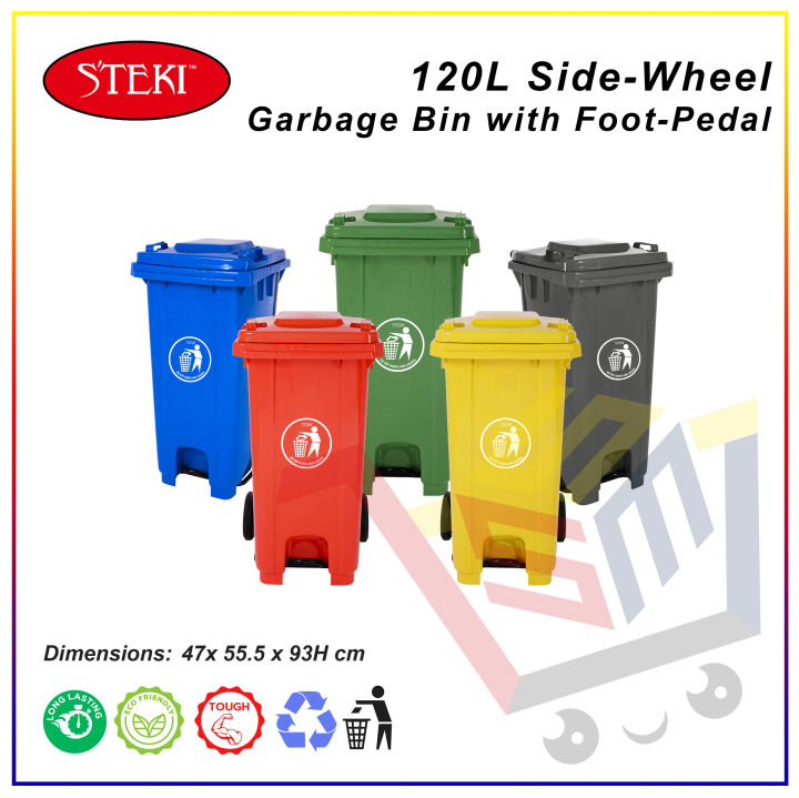 STEKI™ 120L Side-wheel Garbage Bin with Foot Pedal/Trash Bin/Waste Bin