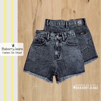 [พร้อมส่ง] BabarryJeans ยีนส์ขาสั้น เอวสูง ปลายรุ่ย ผ้ายีนส์ไม่ยืด สีดำสโนว