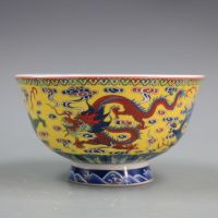 【The bowl of oranges】 ราชวงศ์ชิง Qianlong เครื่องหมายปีเคลือบสีเหลืองมังกรเมฆแบบชามพอร์ซเลนเคลือบโบราณเครื่องประดับตกแต่งบ้านชาม