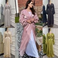 Eid Ramadan เงาซาติน Kaftan เปิด Abaya ดูไบตุรกีผู้หญิงมุสลิมชุด Kimono Cardigan อิสลาม Robe ชุดปาร์ตี้ Jalabiya 2023