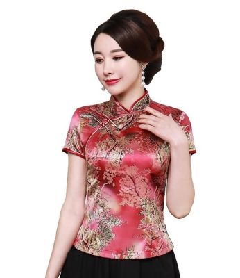 Cheongsamเสื้อQipaoด้านบนแขนสั้นจีนดั้งเดิมTahi Chiผ้าไหมมารยาทด้านบนจีนเสื้อสำหรับผู้หญิงM-5XL