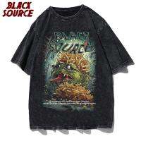 black source Cartoon Chips Attack Wash Black Vintage T-shirt