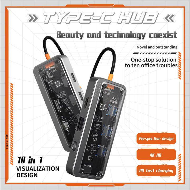 อะแดปเตอร์ฮับ-type-c-10in1-สายต่อ-usb-type-c-hub-3-0-type-cต่อได้-sd-tf-vga-hdmi-rj45-aux3-5-adapter-แล็ปท็อปสำหรับ