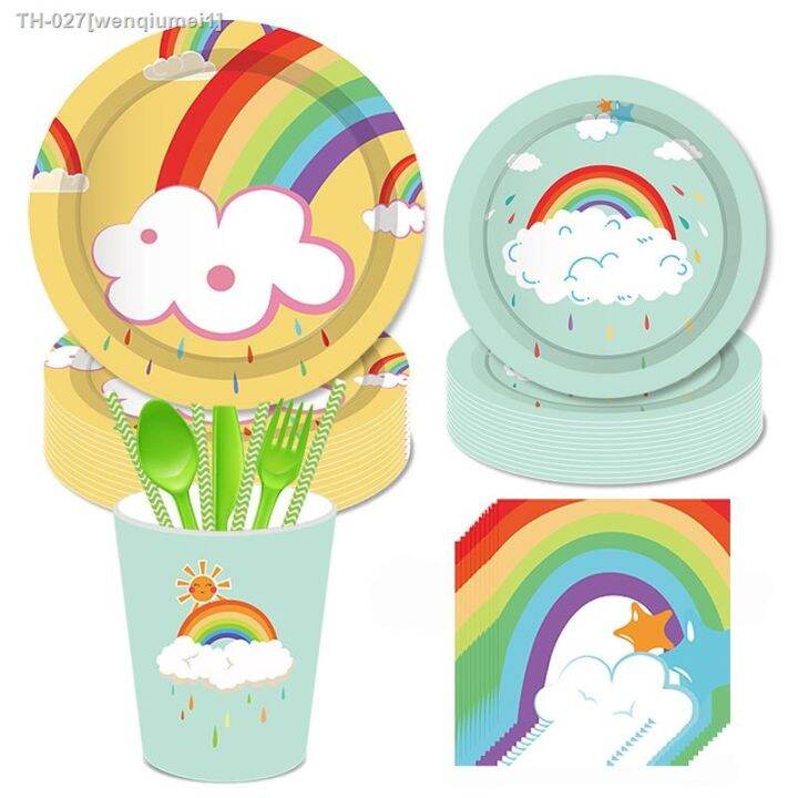 white-cloud-rainbow-party-favors-tableware-kids-birthday-paper-plates-cup-cartoon-dessert-cake-dish-wedding-decor-party-supplies