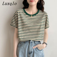 Luxqlo เสื้อยืดลายทางแขนสั้นผ้าฝ้ายสีเขียวสำหรับผู้หญิงเสื้อยืดอเนกประสงค์คอกลมทรงหลวมเสื้อลำลองเพรียวบางเรียบง่ายแบบเกาหลี