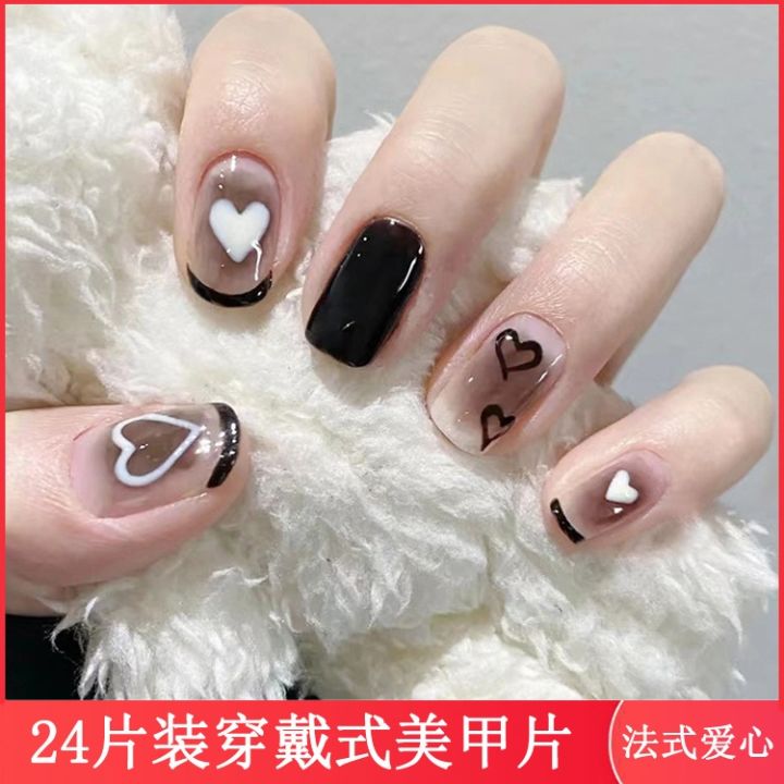 cod-pieces-a-box-one-size-fits-all-cool-black-gradient-love-manicure-patches-short-french-style-fake-nail-stickers-finished-product