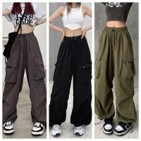 hanshi Vintage Pockets Cargo Pants Drawstring High Waist Streetwear Wide Leg Trousers กางเกง ร้านดัง lazlook กางเกง เต้นเท่ๆ กางเกงคาร์โก้ผู้หญิง