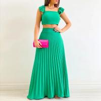 ⊕☂✥ Spring Summer Fashion Two piece Set Women 39;s Solid Color Sleeveless Short Top Pleated Skirt Elegant Temperament Two piece Set