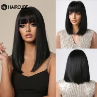 HAIRCUBE Medium Black Straight Synthetic Wigs For Women Short Cosplays Wigs With Bangs Heat Resistant Daily Lolita Natural Hair Wig  Hair Extensions P