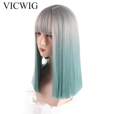VICWIG Synthetic Wig Lady Silver Gray Gradient Aqua Blue Medium Length Straight Hair Cosplay Wigs with Bangs Heat-resistant