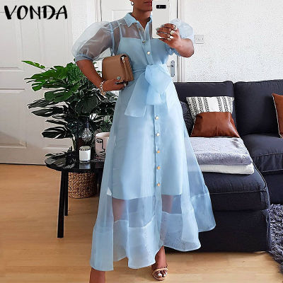 (Western Style) VONDA Party Women Fashion Solid Color Pleated Puff Sleeve Long Maxi Dresses