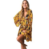 Fashion WomenS Casual Loose Dress Deep V Neck Lantern Long Sleeve Boho Floral Print Mini Sexy Dress Clothing