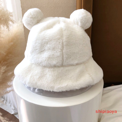 Shipiaoya แฟชั่นฤดูใบไม้ร่วงฤดูหนาวขนเสือดาว Topi Bucket หมีต่างหูหมุดหมวกชาวประมงนุ่มอบอุ่นหมวกอ่างล้างแบบหนาหมวกทรงถังปกป้อง