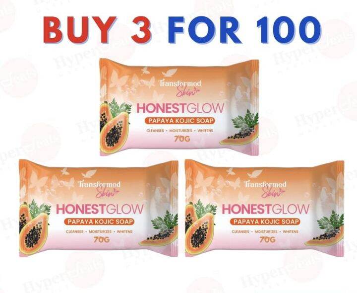 {3 For 100} Honest Glow Papaya Kojic Soap By Transformed Skin 70g Cleanses Moisturizes And