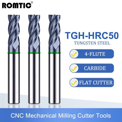 ROMTIC TGH-HRC50 ทังสเตนเหล็กคาร์ไบด์มิลลิ่งคัตเตอร์ 4F Color-Ring Coating CNC Mechanical Flat Bottom Endmills Tools