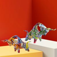 Resin Bull Sculpture Artist Graffiti Decor Modern Sculpture Present Home Office Shelf OX Figurine Bookcase Ornament Crafts