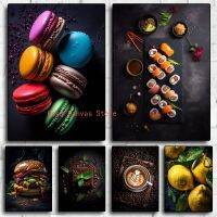 คอลเลกชันผลไม้สดภาพวาดผ้าใบ-Macarons อร่อยลูกพีชและศิลปะผนังกาแฟสำหรับบ้านคลับหรือตกแต่งบาร์