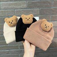 OKDEALS หมวกแก๊ปตุ๊กตาลูกหมีน่ารักผ้านิ่ม,Topi Renda ถักนิตติ้งเครื่องป้องกันหูสีทึบหมวกเด็กแรกเกิดฤดูหนาวฤดูใบไม้ร่วง