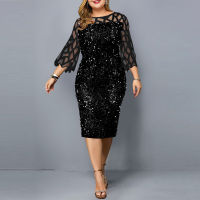 Party Dress Plus Size Ladies Midi Sequin Mesh Long Sleeve Lace Elegant Bodycon XL-4XL 5XL Evening Dresses Woman Summer 2021