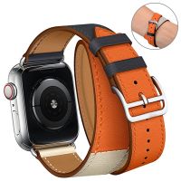 ✈∈◙ Double Tour Leather Strap for Apple Watch Band 8 7 6 5 4 SE 40mm 44mm 41mm 45mm Extra-long Strap for IWatch Belt Ultra 3 Correa