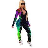 CM.YAYA Workout Activewear Galaxy Print Zipper Romper Womens Jumpsuit Sporty Long Sleeve Fitness Sexy Bodycon Overalls Playsuits