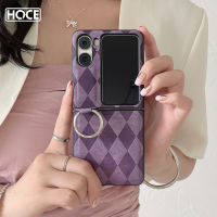 HOCE เคสโทรศัพท์หนัง PU ลายสี่เหลี่ยมขนมเปียกปูนสำหรับออปโป้ไฟนด์ N2ที่จับเคสที่มีห่วงแบบฝาพับกันกระแทกสำหรับเคส FindN2Flip