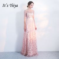 【jw】✇❖▥  Its Yiiya Evening Pink Tulle Embroidery O-neck Size Formal Gowns Floor-length Half Sleeve robe de soiree LF176