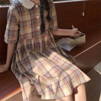 fgjre335 ขายดีที่สุด - / ชุดผู้หญิง Peter Pan Collar Retro ลายสก๊อต Harajuku Kawaii สาวหลวม Preppy สไตล์ฤดูร้อนยอดนิยม Ulzzang Midi Vintage ใหม่