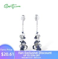 SANTUZZA Silver Earrings For Women Pure 925 Sterling Silver Sparkling Blue Cubic Zirconia Dangling Flowers серьги Fine Jewelry