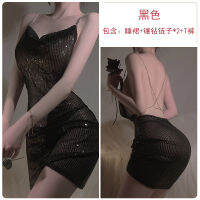 2023 Hot Sexy Hot Night Club Style Sequin Gauze See-Through Metal Chain Sexy Backless Female Night Skirt Suit 3667