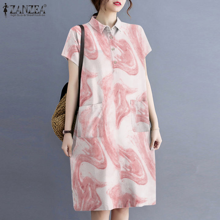 Clearance Sale】MOMONACO ZANZEA Women's Vintage Turn-Down-Collar Short Dress  Simple Printed Shirtdress Baju Raya#8