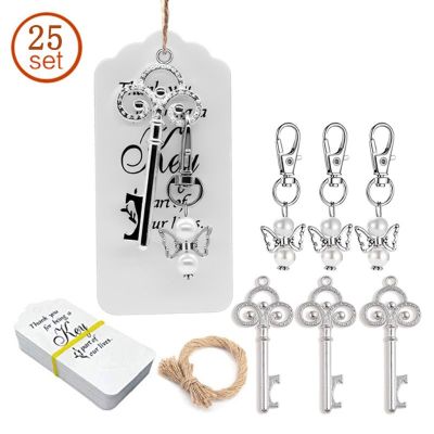 25pcsset Key Bottle Opener Angel Wings Keychain with Tags Wedding Party Favor Souvenirs Gifts for Guest