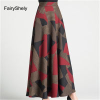 Fairyshely Vintage High Waist Print Long Skirt Women  Plus Size Woolen Skirt Plaid Pocket A-Line Skirt