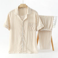 Gifts Cotton Bubble Yarn Japanese Lattice MenS Short -Sleeved Long Pants Pajamas Set Thin Striped Lapel Leisure