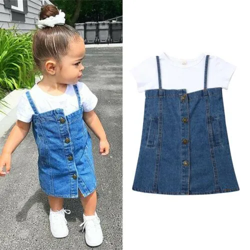 Regnskab alder kassette Kids Baby Girl Cotton Top Shirt Suspender Denim Skirt Dress Outfit Clothes  Set | Lazada