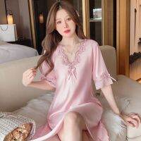 --SY23726₪ 23 new and summer silk ghtdress sexy lace edge sweet ruffled short-sed ice silk air-conditned room jamas