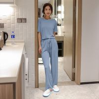 Summer Womens Pajamas Ice Silk Solid Color Round Neck Short Sleeve Trousers Two-Piece Simple Skin-Friendly Homewear