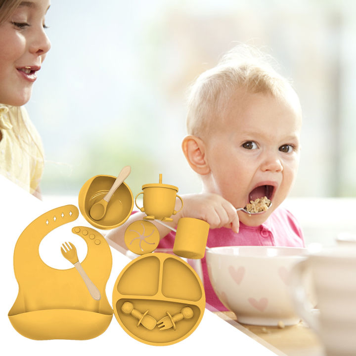 ชามถ้วยเพื่อการเรียนรู้สำหรับ-set-sendok-กระบอกน้ำอุปกรณ์บนโต๊ะอาหารแบบซิลิโคนสำหรับเด็กวัยหัดเดินเกรดอาหาร