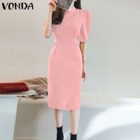 (จัดส่งฟรี)Fancystyle VONDA ชุดเดรสผู้หญิงแขนพองคอกลม,ชุดสีทึบใส่ไปทำงาน