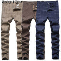 Being Vigor ผ้าฝ้ายอินทรีย์ Slim Chino กางเกงบุรุษตรวจสอบกางเกงยูโรอย่างเป็นทางการผู้ชายธุรกิจกางเกงขายาว Plus ขนาด42นิ้ว