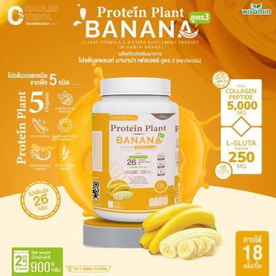 Protein Plant โปรตีนแพลนท์ สูตร 3 (รสบานาน่า กล้วย ) 900 กรัม/กระปุก (2 ปอนด์ 2LBS) ทานได้ 18 ครั้ง โปรตีนพืช 5 ชนิด คอลลาเจนเปปไทด์ แอลกลูต้าไธโอน