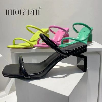 New Summer Women Slides Sandals Square Toe Ladies Heel Mules y High Heels Sandal Slippers Female Fashion Woman Shoes