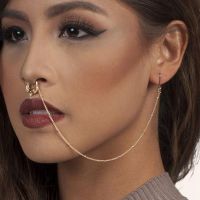 Septum Fake Nose Rings with Chain Fashion Ear Chain Long Hook Earrings for Women Unique Nose Clip Non Piercing Body Jewelry