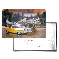 ป้ายสังกะสีวินเทจ Vintage Mustang Airplane &amp; Classic Chevy (ปั๊มนูน), ขนาด 20x30 ซม.