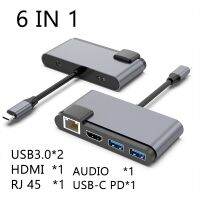 USB ชนิด C ฮับ RJ45เอชดียูเอสบี USB เสียง3.5มม. 6ใน1แท่นวางมือถือสำหรับแล็ปท็อปคอมพิวเตอร์แมคบุ๊กโปรแอร์แยก USB-C