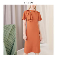 Shaka SS21 Drape Layer Dress - DS-S210403 เดรสยาว แขนสั้น ทรงเอ เข้ารูปช่วงเอว