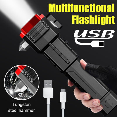 Led Flashlight with Safety Hammer Work Light Emergency Self-Rescue Broken Window Torch USB Rechargeable Tactical Light Lantern
