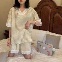 Pajamas Womens Summer Suit Sweet Plaid Section Short-sleeved V-neck Lace 2 Piece Set Casual Loose Home Service Sleepwear Sets